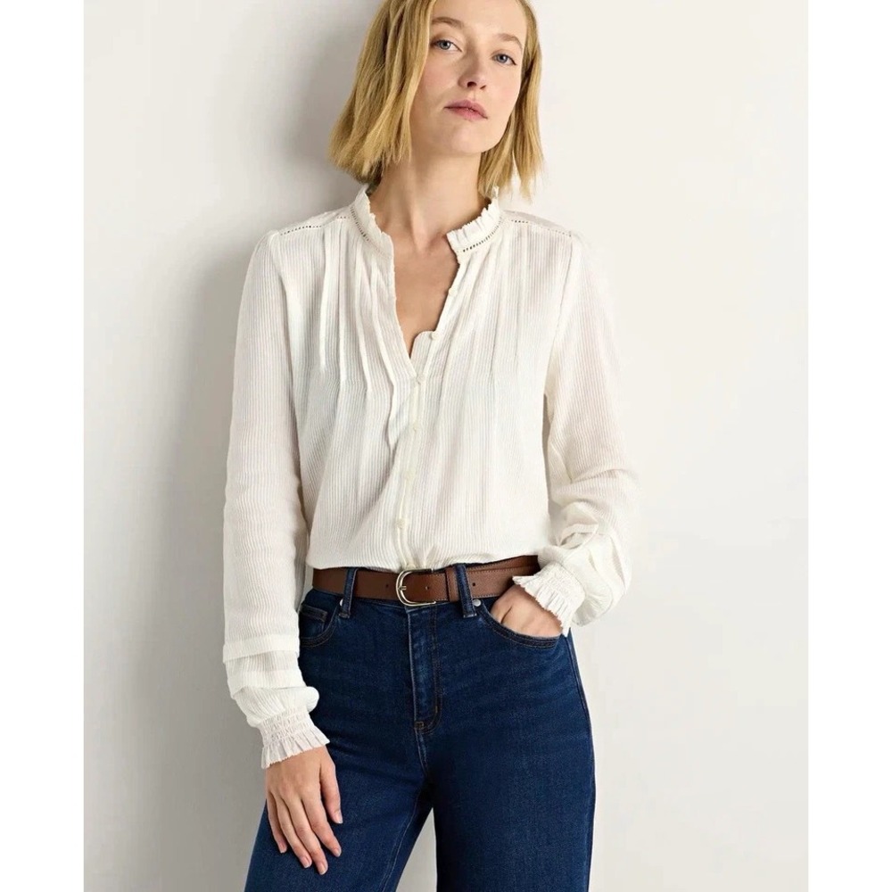 Quince Organic Textured Cotton Peasant Blouse Button Front Size Small